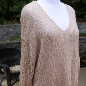 Free People Women Sweater V Neck Beige Light P/S Long Perforated Knit Light